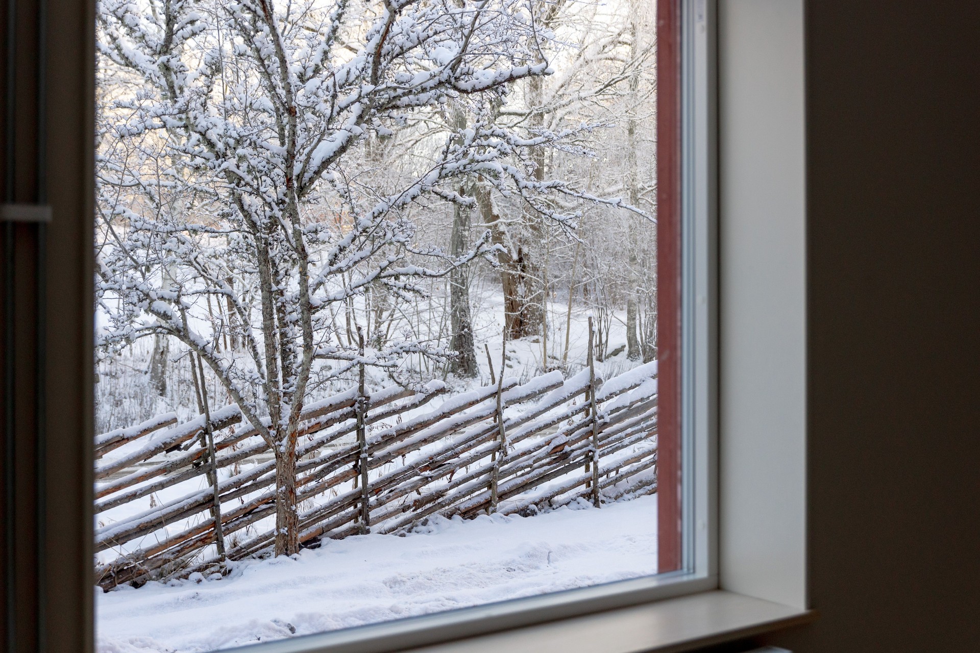 Utsikt genom ett fönster mot snötäckta träd och en gärdsgård vid Ryttartorpet 1 i Växjö.