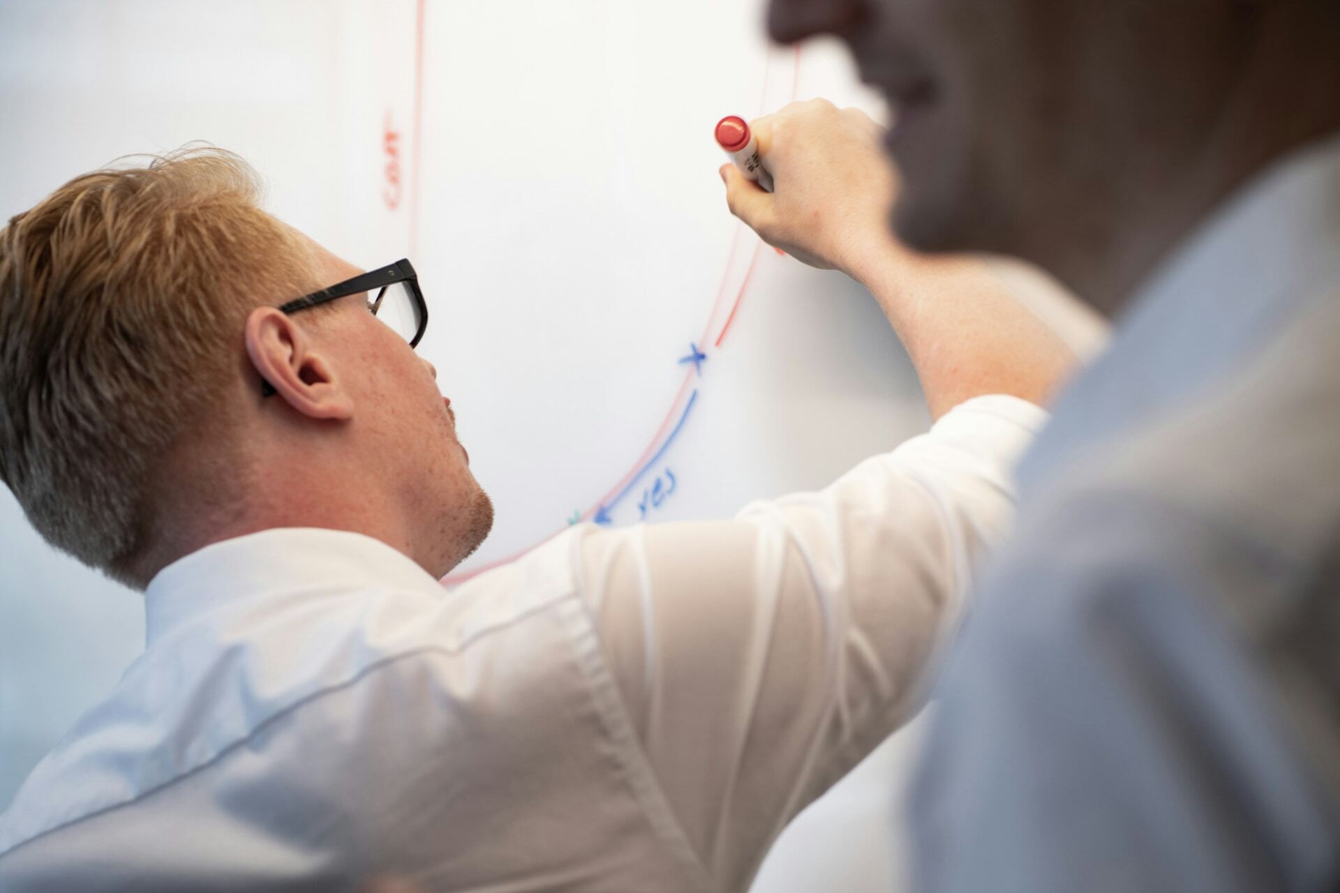 En person antecknar på en whiteboard under ett arbetsmöte.