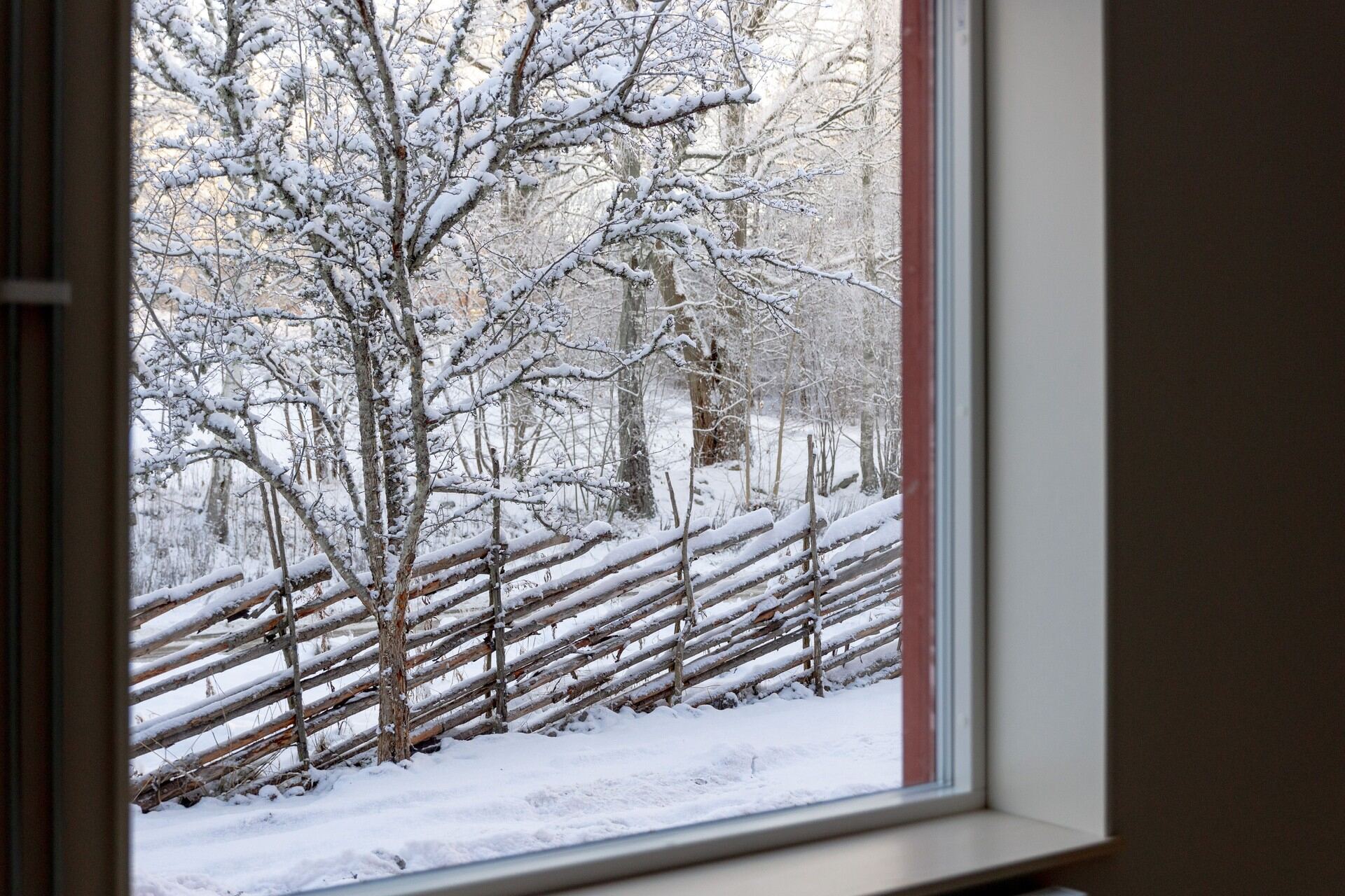 Utsikt genom ett fönster mot snötäckta träd och en gärdsgård vid Ryttartorpet 1 i Växjö.
